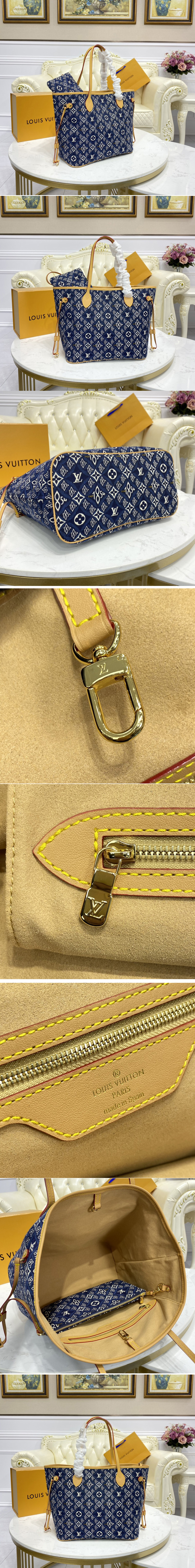 Replica Louis Vuitton M57484 LV Neverfull MM tote Bag in Blue Jacquard Since 1854 textile