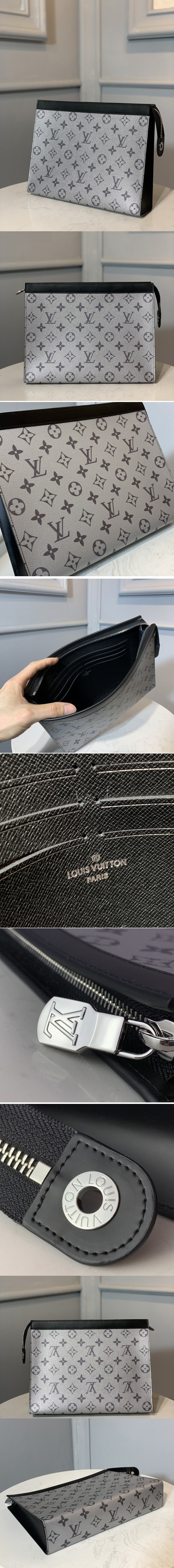 Replica Louis Vuitton M61692 LV Pochette Voyage MM Bags in Silver Monogram Eclipse Canvas