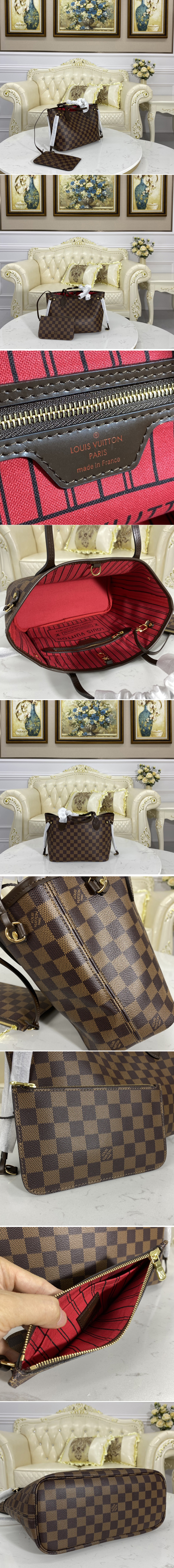 Replica Louis Vuitton N41359 LV Neverfull PM tote Bag in Damier Ebene coated canvas